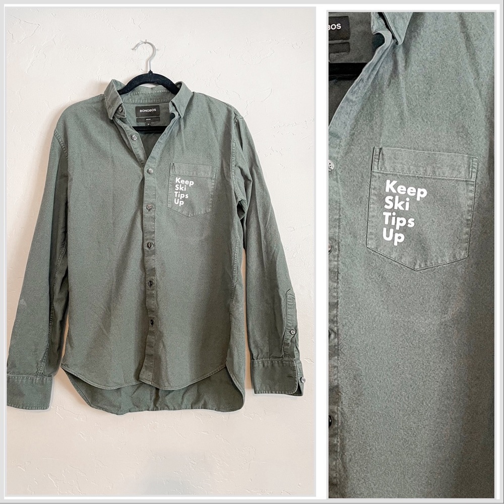Keep Ski Tips Up Green Pocket Graphic Button Up